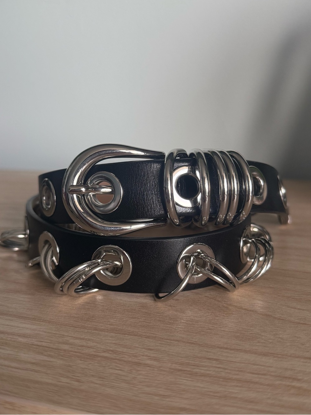 Black Leather Belt with Silver Ring Details